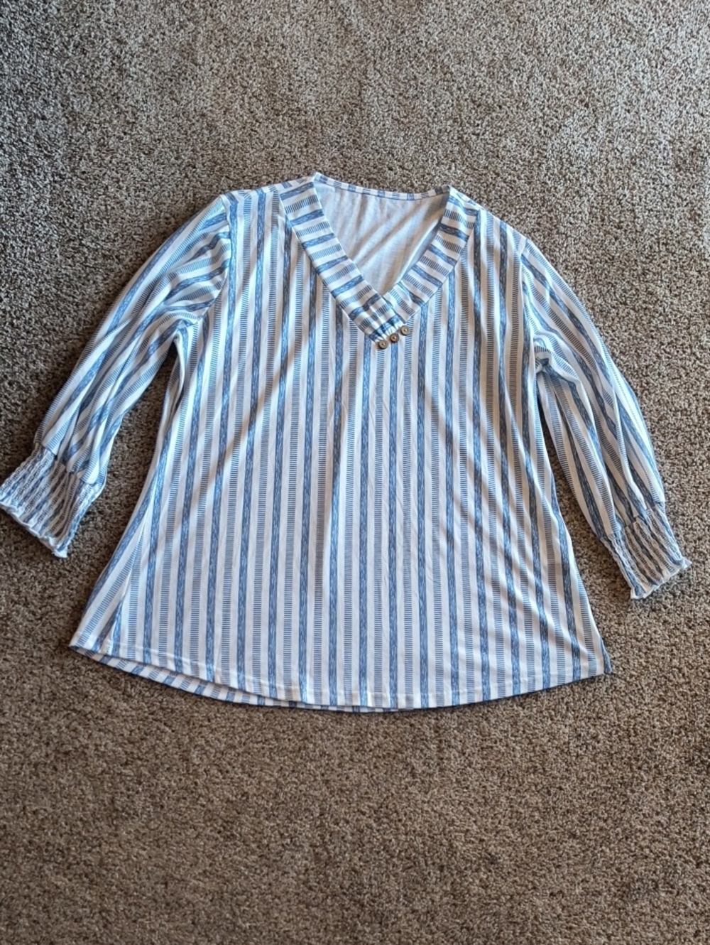 On Running Blue and White Striped V-Neck Button Detail Blouse